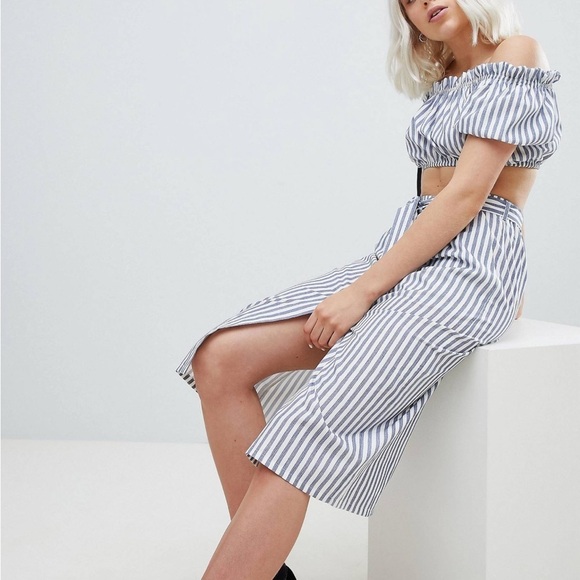Pull&Bear Button Striped Midi Skirt Size Medium New Without Tags - Picture 1 of 9